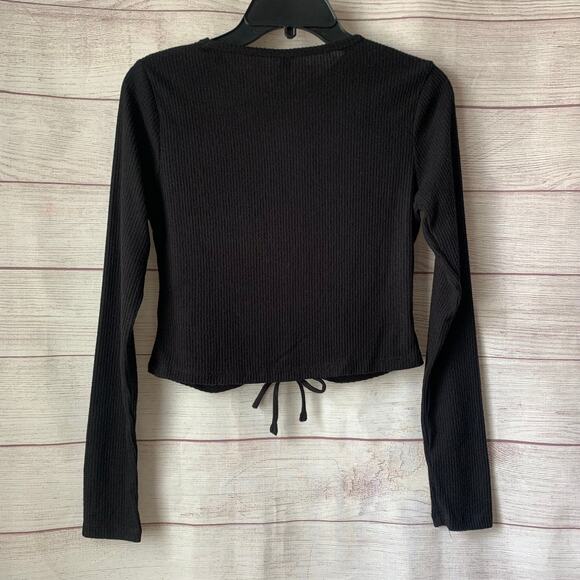Wild Fable Black Crop Top Shirt with Keyhole Front Tie String Long Sleeves Small - Picture 5 of 12